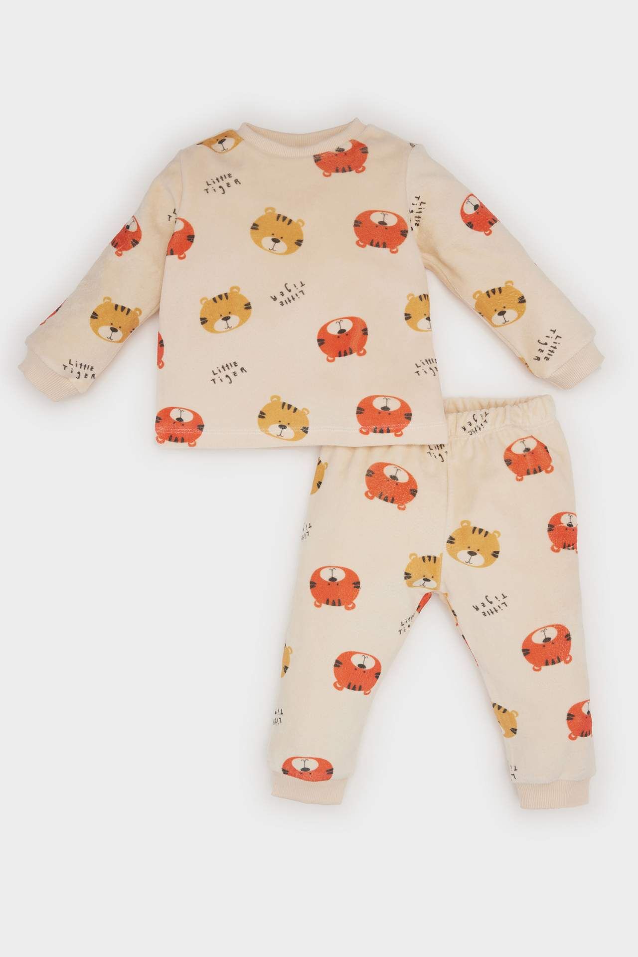 Erkek Bebek Pijama Takımı Bisiklet Yaka Desenli Kadife Uzun Kollu Üst Uzun Alt