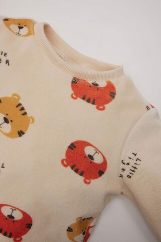 Erkek Bebek Pijama Takımı Bisiklet Yaka Desenli Kadife Uzun Kollu Üst Uzun Alt