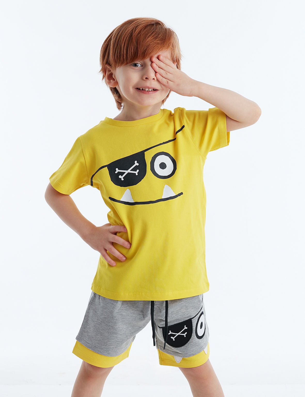 Dişlek Korsan Erkek Çocuk T-shirt Şort Takım 6 Y - Sarı Gri