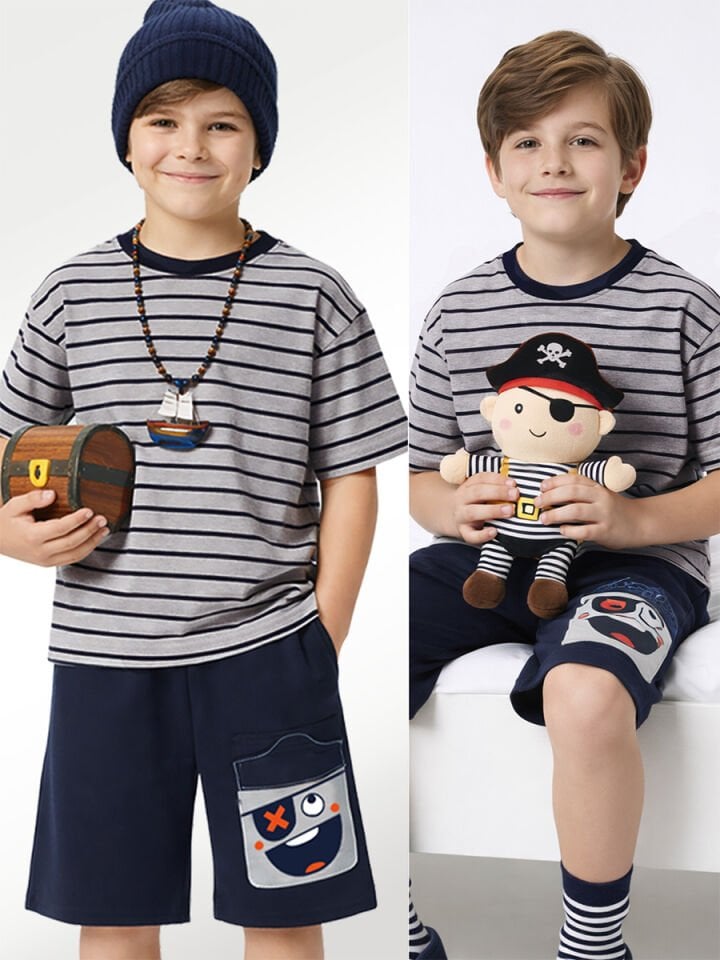 Korsan Erkek Çocuk Çizgili T-shirt Şort Takım