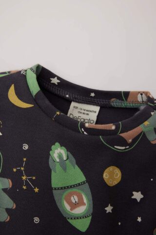 Erkek Bebek Pijama Takımı Uzay Baskılı Uzun Kollu Üst Beli Lastikli Uzun Alt