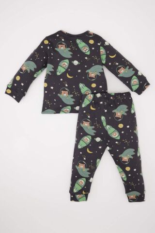 Erkek Bebek Pijama Takımı Uzay Baskılı Uzun Kollu Üst Beli Lastikli Uzun Alt