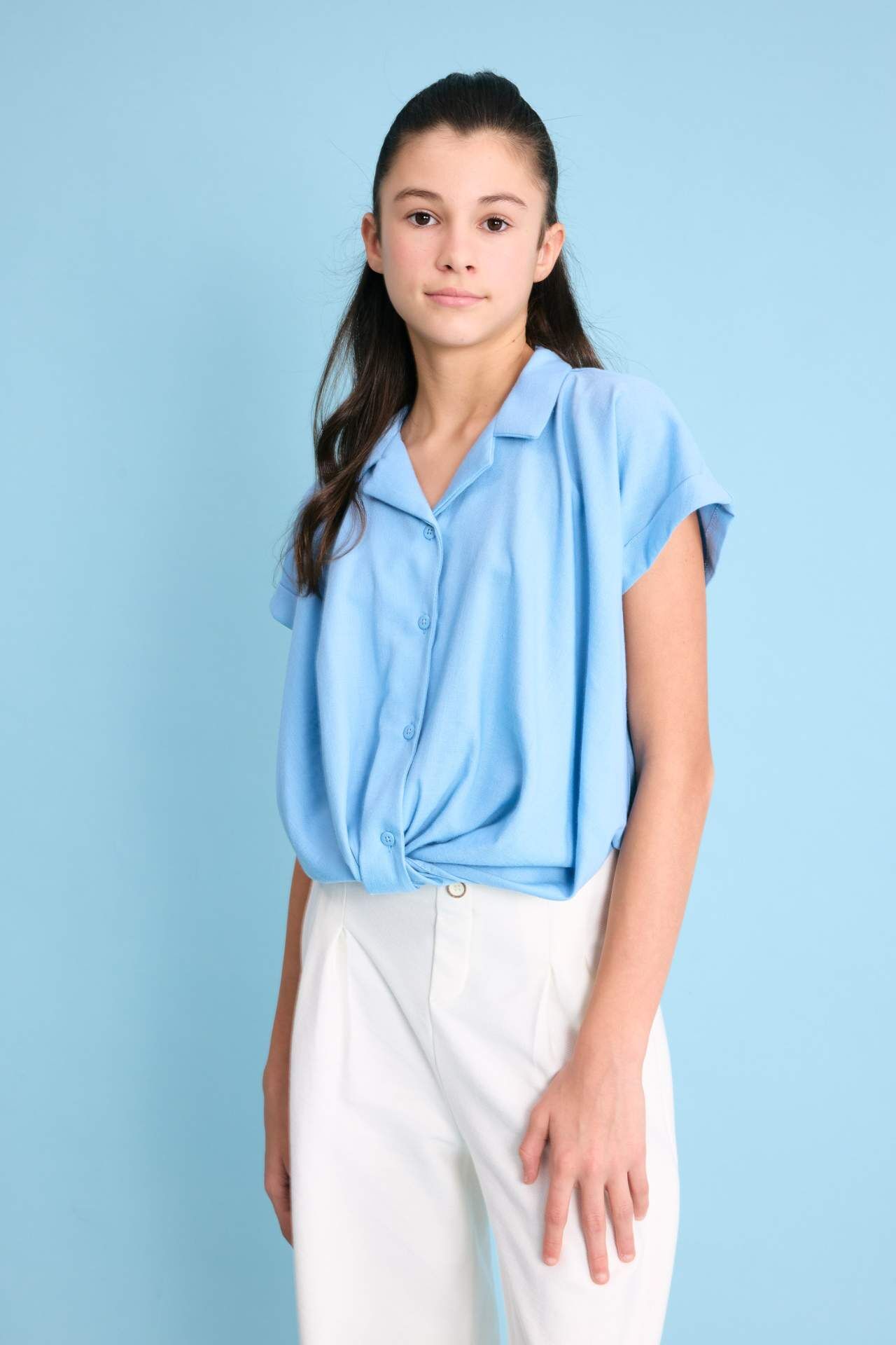 Kız Çocuk Cropped Fit Pamuklu Kısa Kollu Gömlek