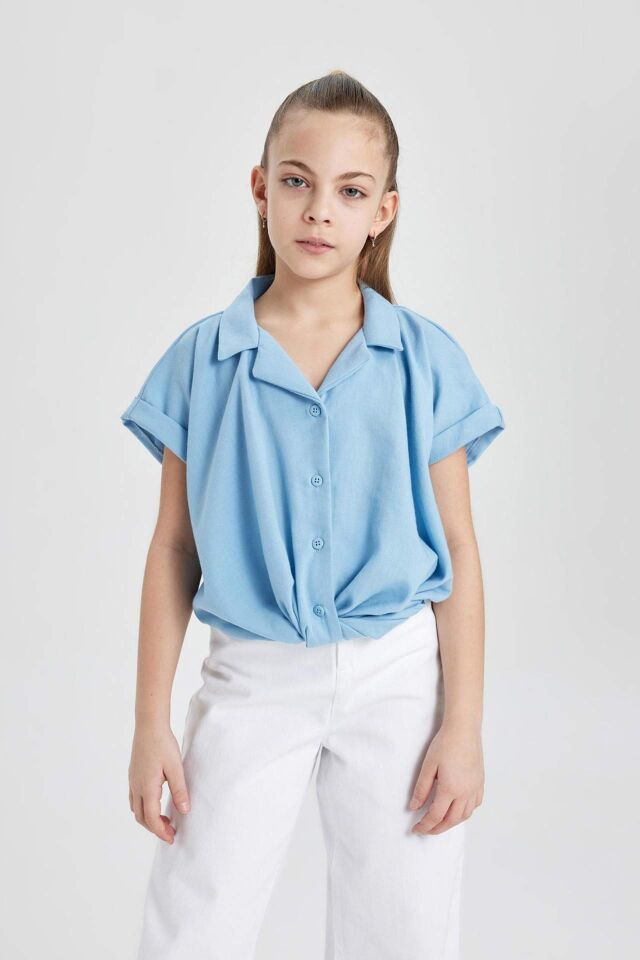 Kız Çocuk Cropped Fit Pamuklu Kısa Kollu Gömlek