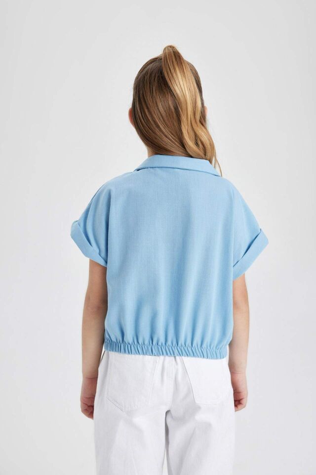 Kız Çocuk Cropped Fit Pamuklu Kısa Kollu Gömlek