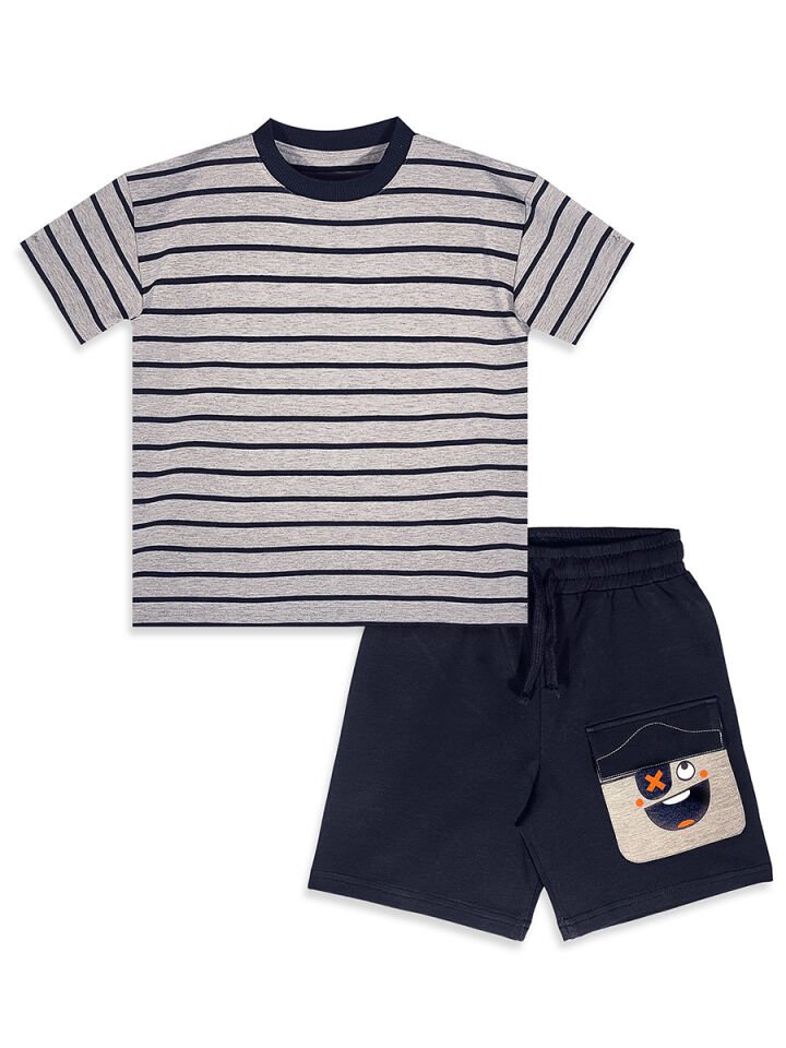 Korsan Erkek Çocuk Çizgili T-shirt Şort Takım 5Y - Gri