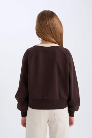 Kız Çocuk Relax Fit Bisiklet Yaka Baskılı İçi Yumuşak Tüylü Sweatshirt