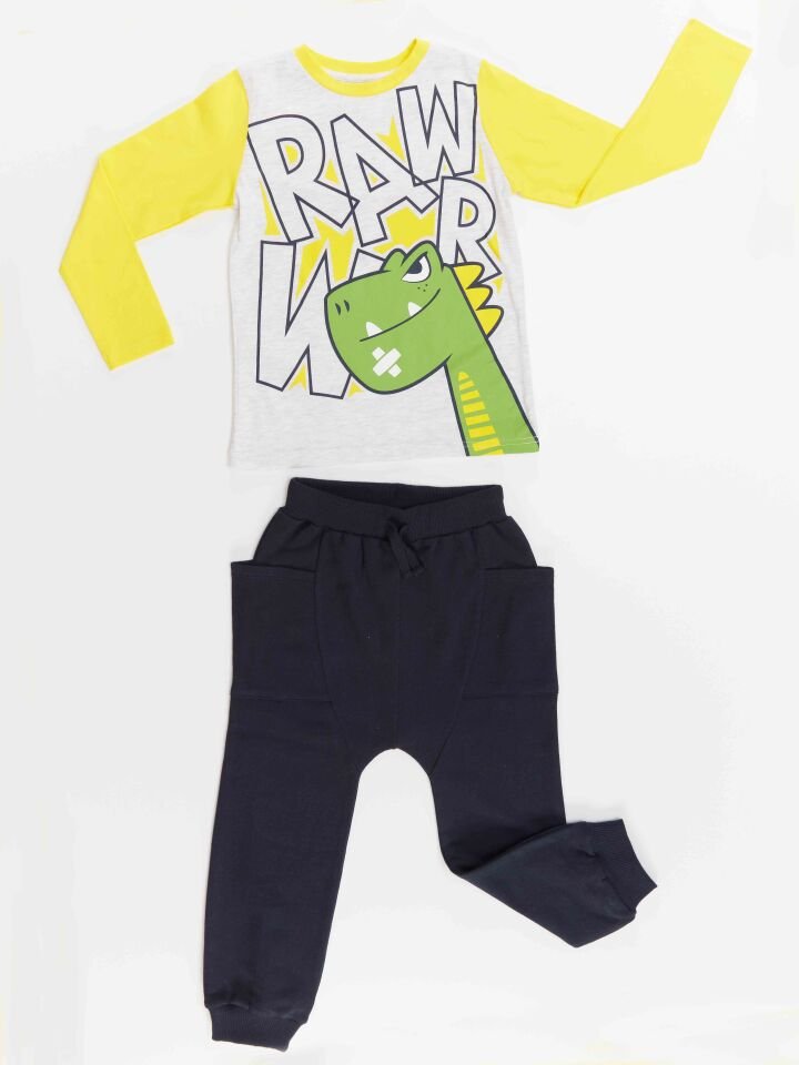 Rawr Dino Erkek Çocuk T-shirt Pantolon Takım 4 Y - Lacivert, Sarı, Krem