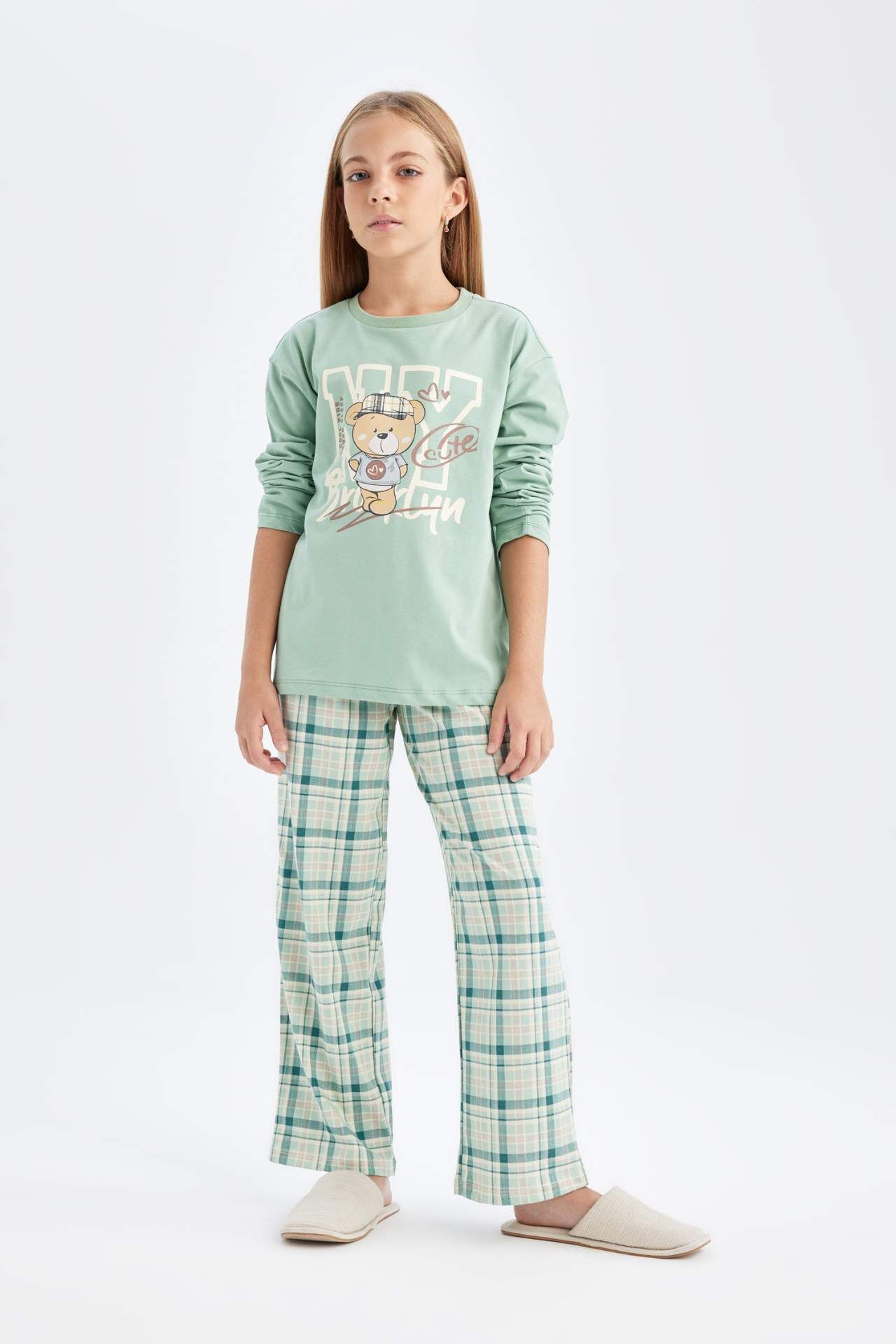 Kız Çocuk Pijama Takımı Ayı Baskılı Uzun Kollu Üst Uzun Alt