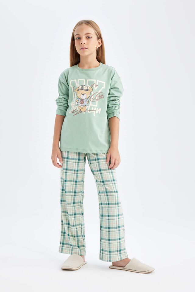 Kız Çocuk Pijama Takımı Ayı Baskılı Uzun Kollu Üst Uzun Alt