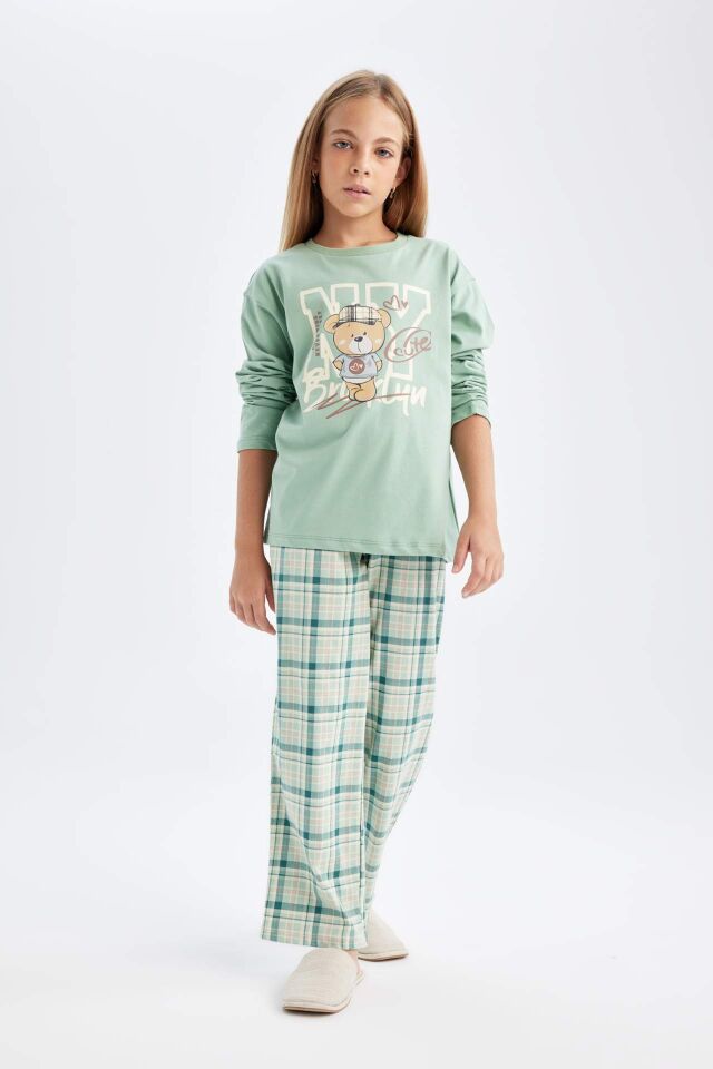 Kız Çocuk Pijama Takımı Ayı Baskılı Uzun Kollu Üst Uzun Alt