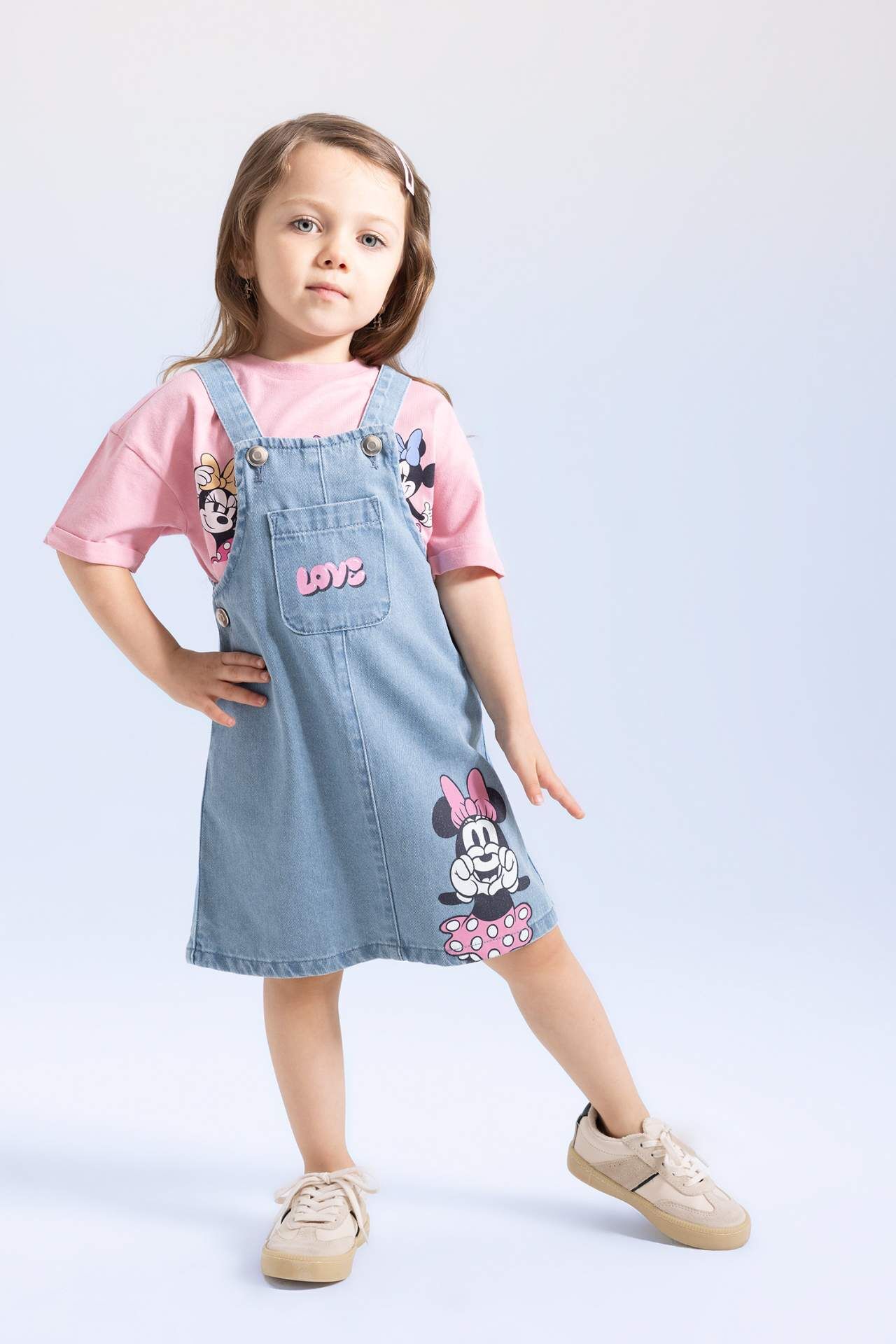 Kız Bebek Disney Mickey & Minnie Askılı Jean Elbise