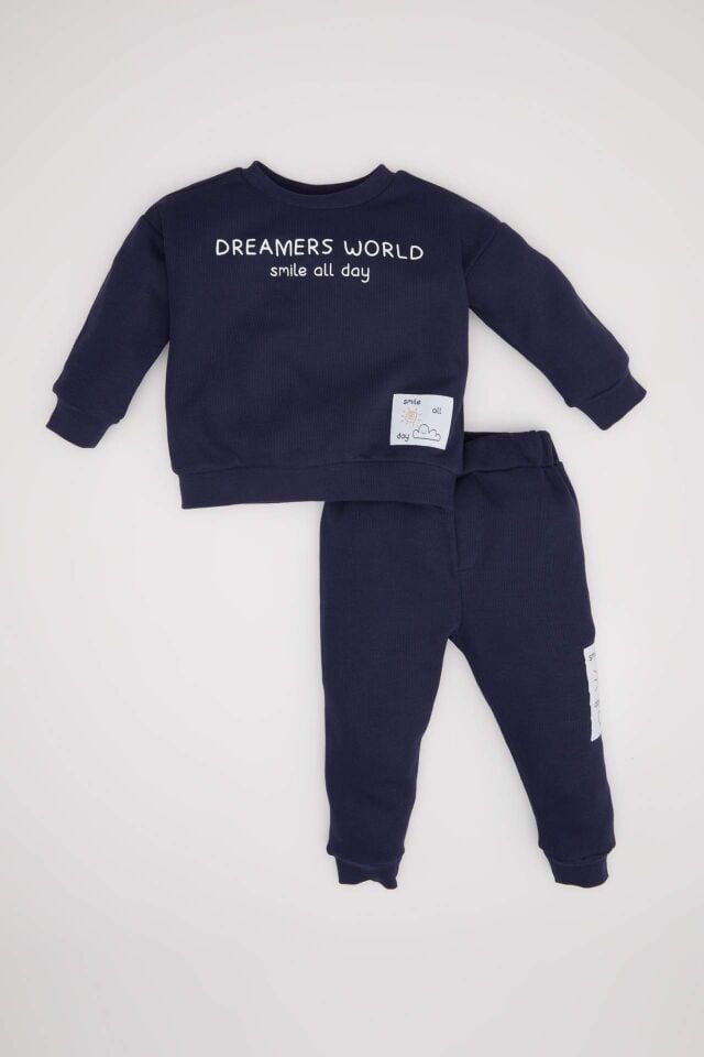 Erkek Bebek 2'li Takım Etiket Baskılı Bisiklet Yaka  Sweatshirt Selanik Kumaş Beli Lastikli Jogger Eşofman Altı