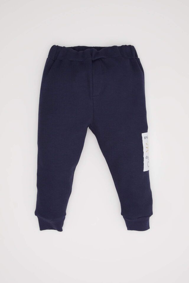 Erkek Bebek 2'li Takım Etiket Baskılı Bisiklet Yaka  Sweatshirt Selanik Kumaş Beli Lastikli Jogger Eşofman Altı