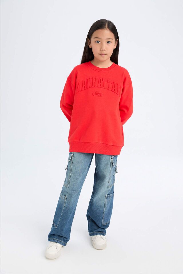 Kız Çocuk Kırmızı Bisiklet Yaka Baskılı Sweatshirt