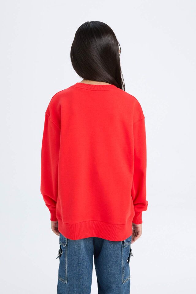 Kız Çocuk Kırmızı Bisiklet Yaka Baskılı Sweatshirt
