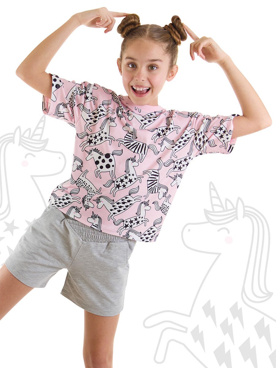 Unicorn Gang Kız Çocuk T-Shirt Şort Takım 10 Y - Pembe, Antrasit