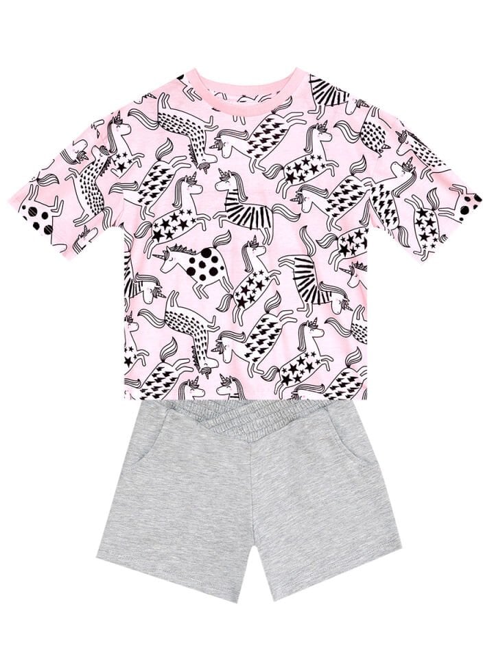 Unicorn Gang Kız Çocuk T-Shirt Şort Takım 10 Y - Pembe, Antrasit