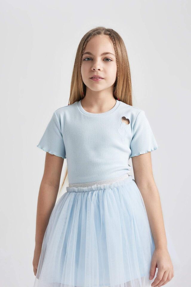 Kız Çocuk 23 Nisan Çocuk Bayramı Slim Fit Dar Kesim Bisiklet Yaka İşlemeli Fitilli Kaşkorse Kısa Kollu Tişört