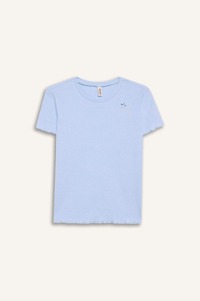 Kız Çocuk 23 Nisan Çocuk Bayramı Slim Fit Dar Kesim Bisiklet Yaka İşlemeli Fitilli Kaşkorse Kısa Kollu Tişört