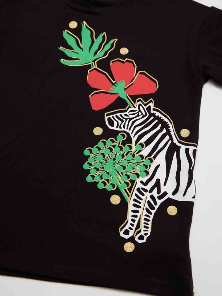 Çiçekli Zebra Kız Çocuk T-Shirt Tayt Takım