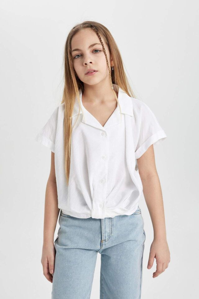 Kız Çocuk Cropped Fit Kısa Kollu Gömlek