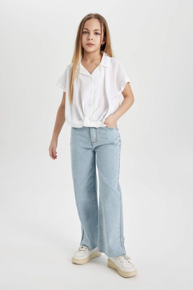 Kız Çocuk Cropped Fit Kısa Kollu Gömlek
