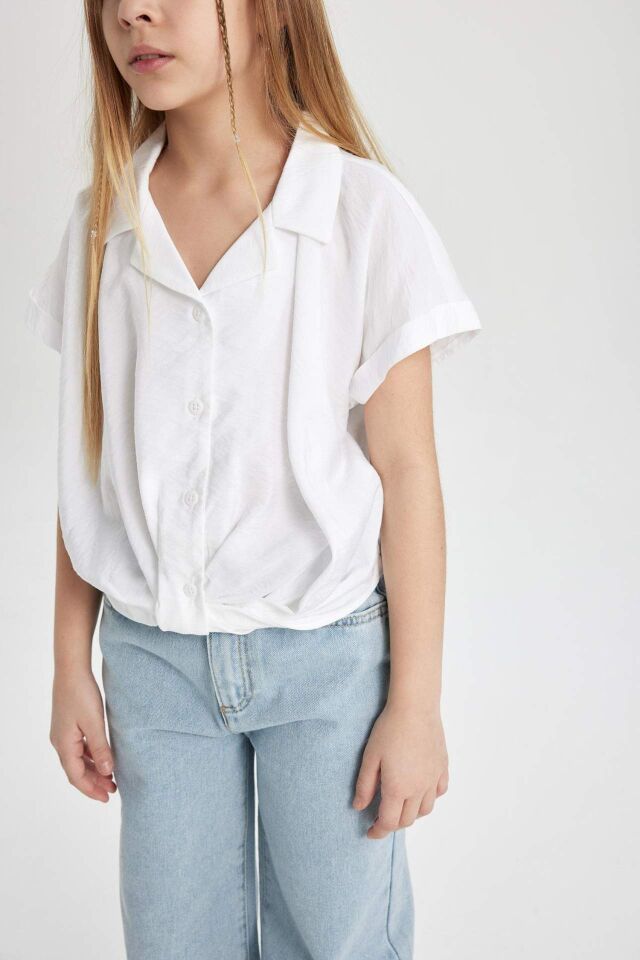 Kız Çocuk Cropped Fit Kısa Kollu Gömlek