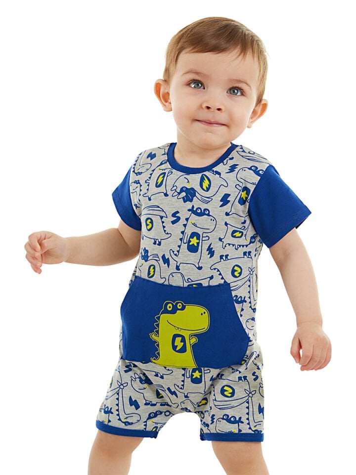Super Dino Erkek Bebek Gri Yazlık Tulum