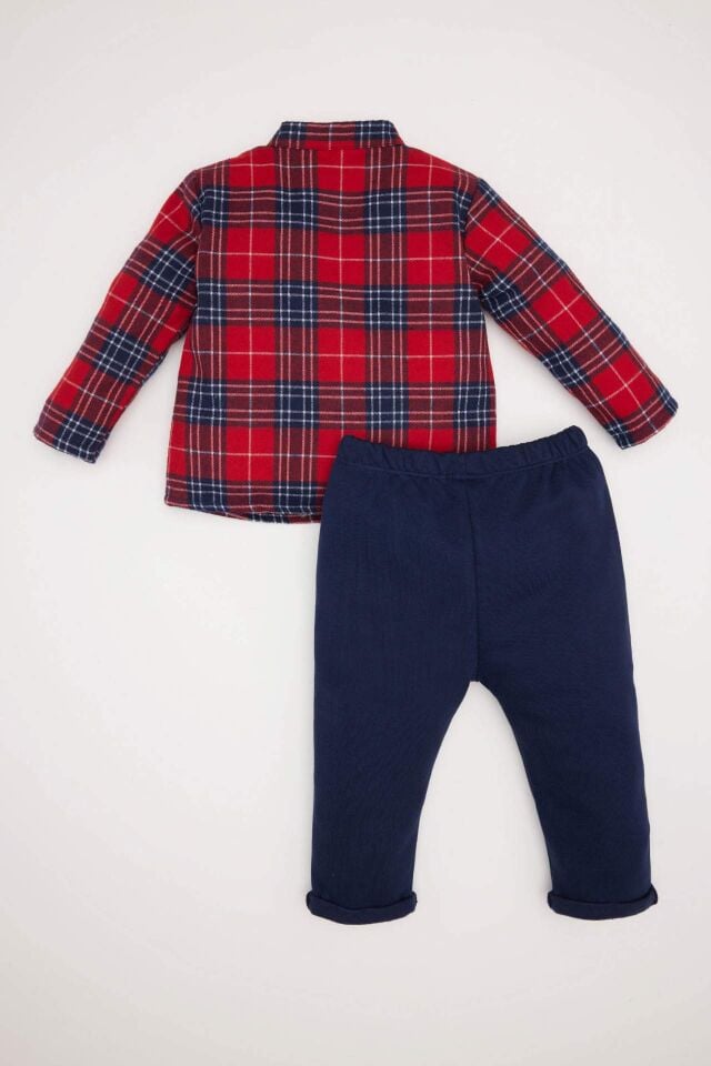Erkek Bebek 2'li Takım Uzun Kollu Flanel Kareli Gömlek Beli Lastikli Pantolon