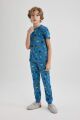 Erkek Çocuk Pijama Takımı Bisiklet Yaka Desenli Kısa Kollu Üst Uzun Alt
