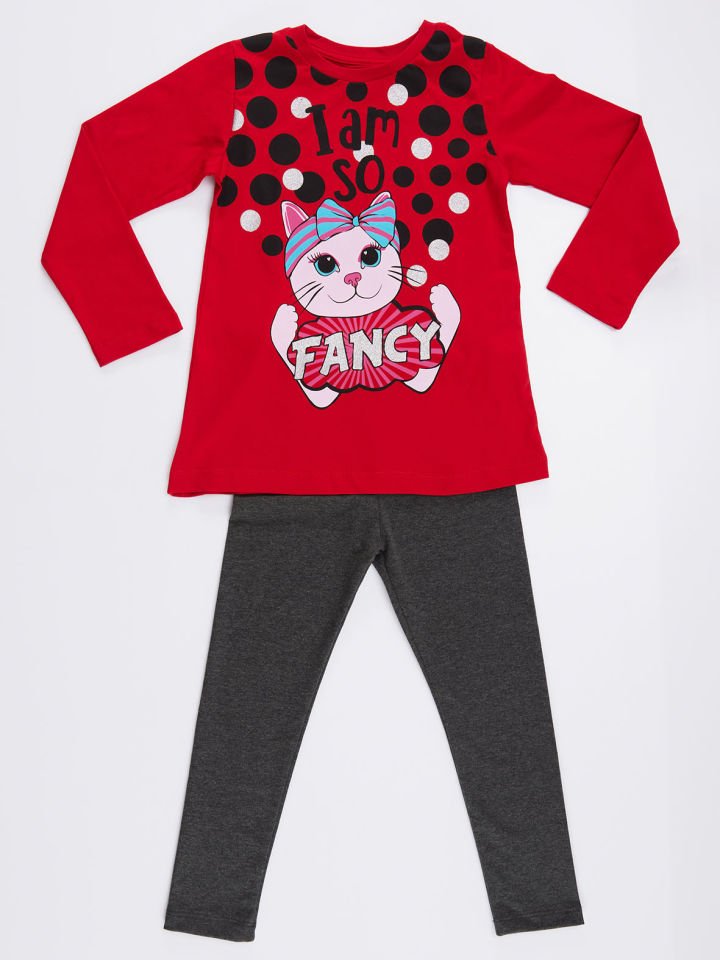 So Fancy Kız Çocuk T-shirt Tayt Takım 7 Y - Kırmızı, Gri