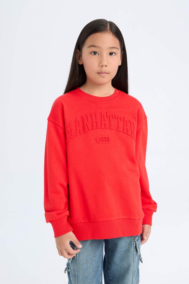 Kız Çocuk Kırmızı Bisiklet Yaka Baskılı Sweatshirt 11/12 Yaş