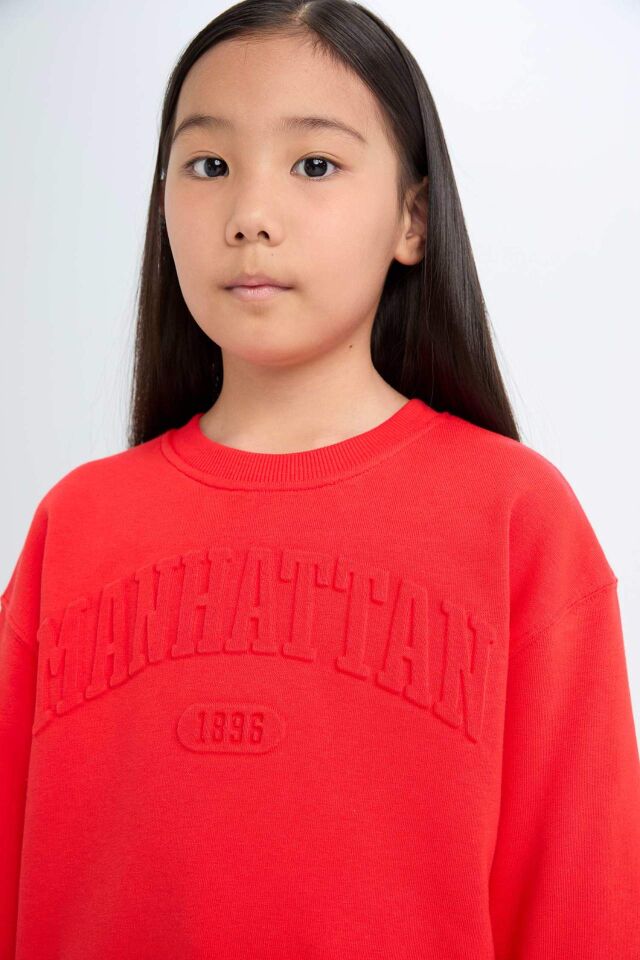 Kız Çocuk Kırmızı Bisiklet Yaka Baskılı Sweatshirt 11/12 Yaş