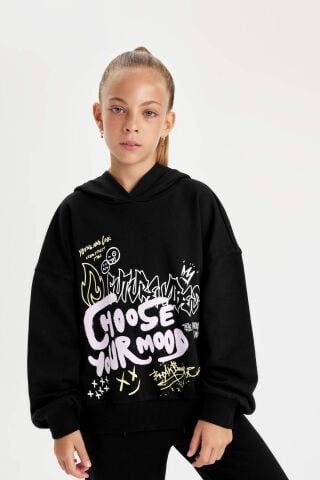 Kız Çocuk Siyah Oversize Geniş Kalıp Kapüşonlu Baskılı Sweatshirt