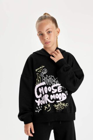 Kız Çocuk Siyah Oversize Geniş Kalıp Kapüşonlu Baskılı Sweatshirt