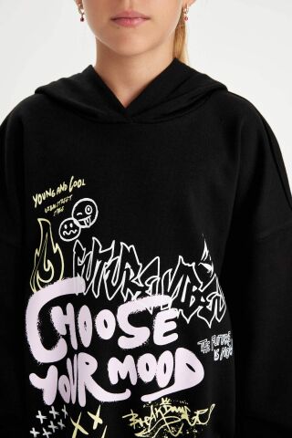 Kız Çocuk Siyah Oversize Geniş Kalıp Kapüşonlu Baskılı Sweatshirt