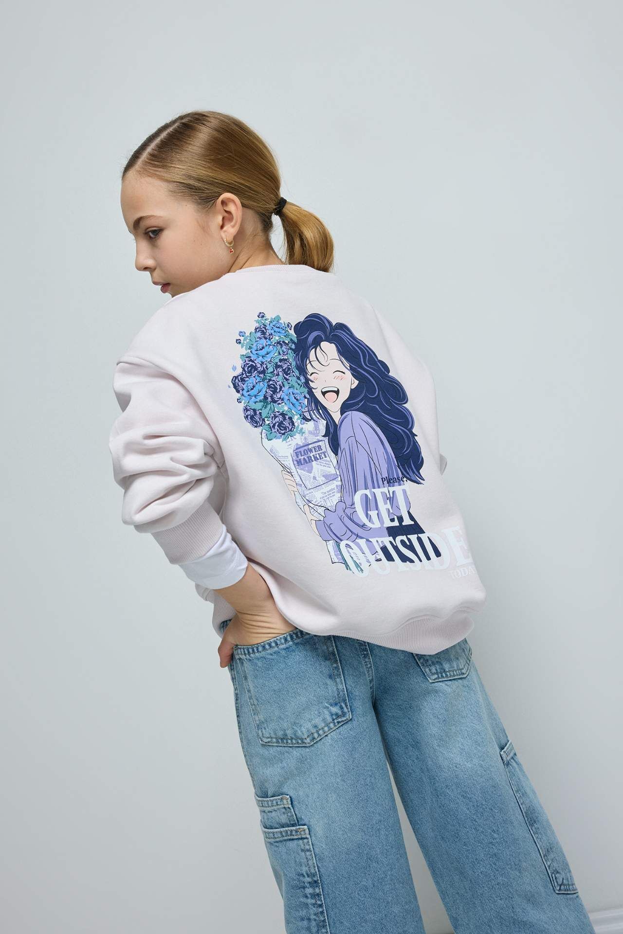 Kız Çocuk Oversize Geniş Kalıp Bisiklet Yaka Sırt Baskılı İçi Yumuşak Tüylü Sweatshirt