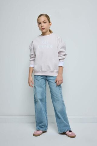 Kız Çocuk Oversize Geniş Kalıp Bisiklet Yaka Sırt Baskılı İçi Yumuşak Tüylü Sweatshirt