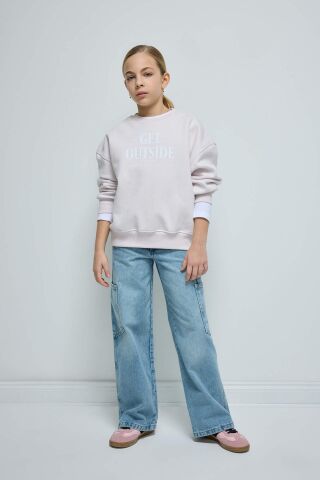 Kız Çocuk Oversize Geniş Kalıp Bisiklet Yaka Sırt Baskılı İçi Yumuşak Tüylü Sweatshirt