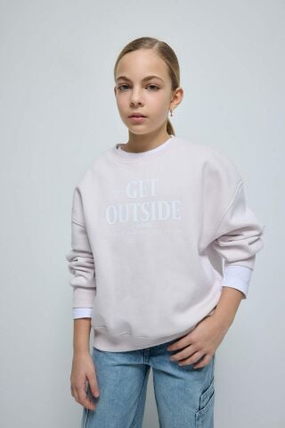 Kız Çocuk Oversize Geniş Kalıp Bisiklet Yaka Sırt Baskılı İçi Yumuşak Tüylü Sweatshirt