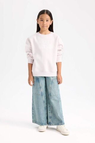 Kız Çocuk Oversize Geniş Kalıp Bisiklet Yaka Sırt Baskılı İçi Yumuşak Tüylü Sweatshirt