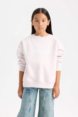 Kız Çocuk Oversize Geniş Kalıp Bisiklet Yaka Sırt Baskılı İçi Yumuşak Tüylü Sweatshirt