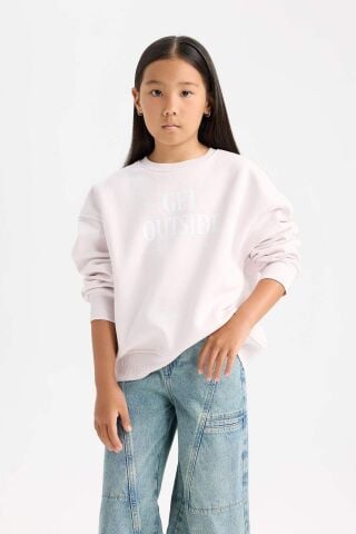 Kız Çocuk Oversize Geniş Kalıp Bisiklet Yaka Sırt Baskılı İçi Yumuşak Tüylü Sweatshirt