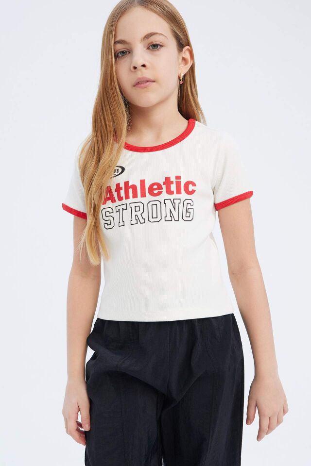 Kız Çocuk Slim Fit Dar Kesim Bisiklet Yaka Baskılı Fitilli Kaşkorse Kısa Kollu Tişört