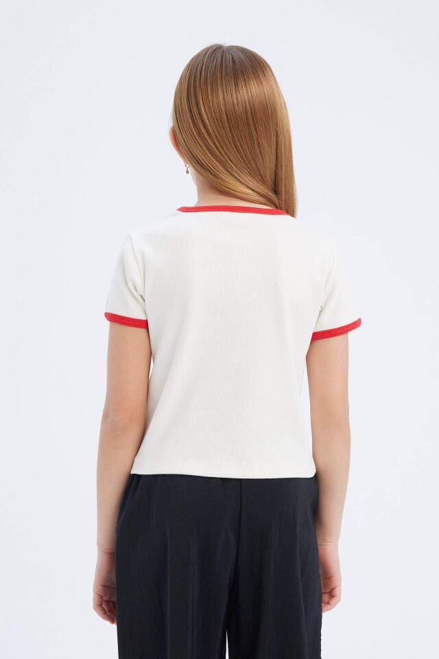 Kız Çocuk Slim Fit Dar Kesim Bisiklet Yaka Baskılı Fitilli Kaşkorse Kısa Kollu Tişört