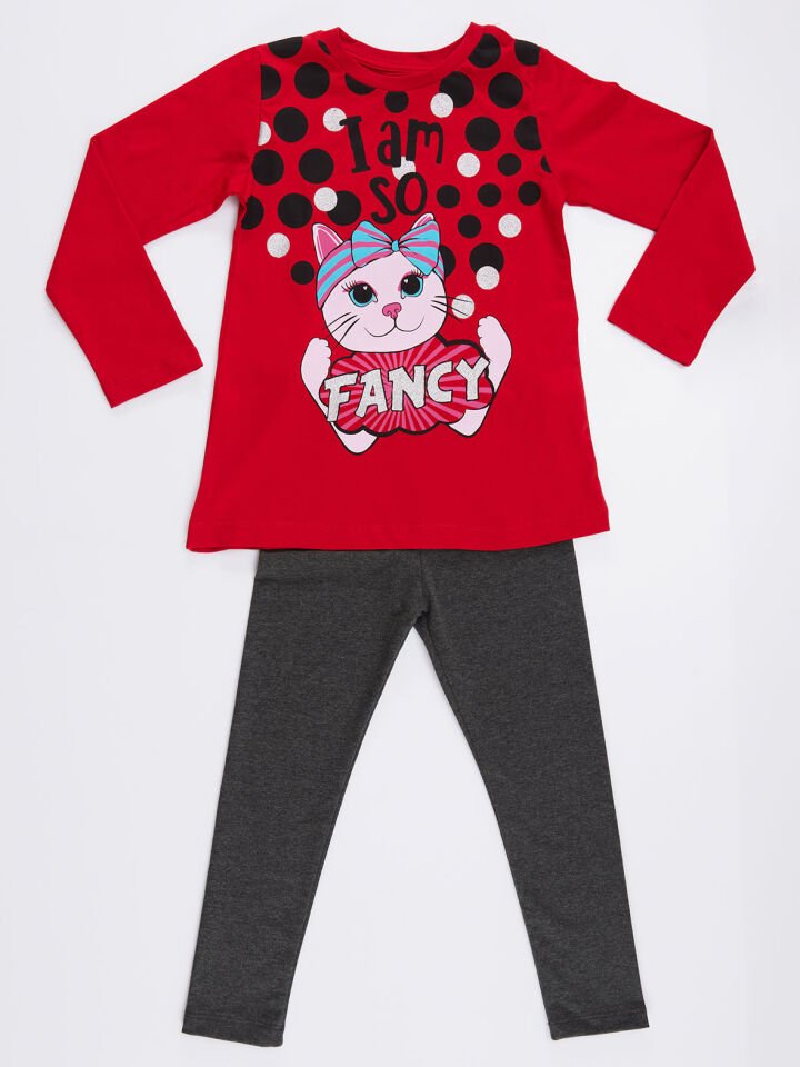 So Fancy Kız Çocuk T-shirt Tayt Takım 9 Y - Kırmızı, Gri