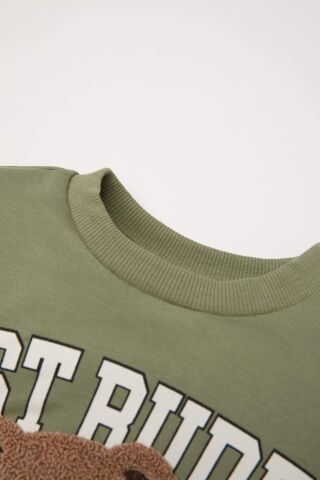Erkek Bebek 2'li Takım Bisiklet Yaka Ayıcık Baskılı Sweatshirt Beli Lastikli Pantolon
