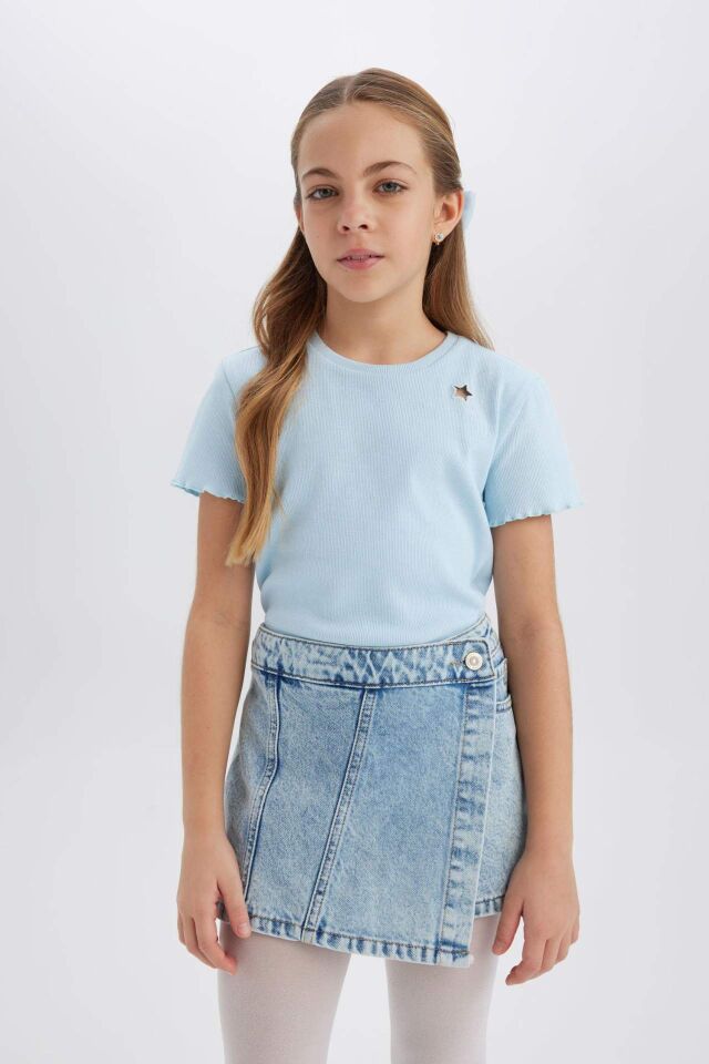 Kız Çocuk 23 Nisan Çocuk Bayramı Slim Fit Dar Kesim Bisiklet Yaka İşlemeli Fitilli Kaşkorse Kısa Kollu Tişört