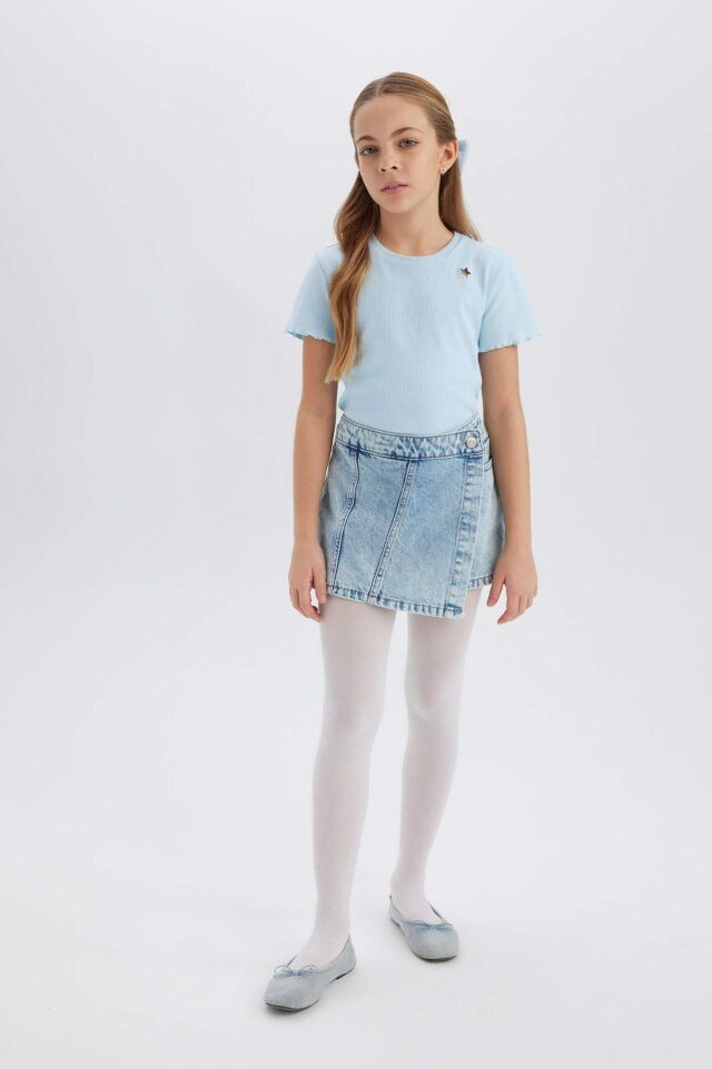 Kız Çocuk 23 Nisan Çocuk Bayramı Slim Fit Dar Kesim Bisiklet Yaka İşlemeli Fitilli Kaşkorse Kısa Kollu Tişört